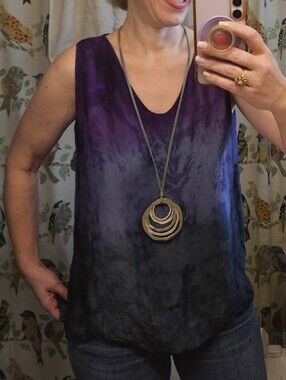 Hand Dyed Silk Shell Purple Blue Ombré Sleeveless Top M
